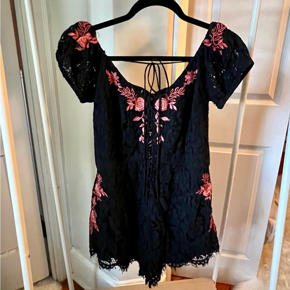 Black and Pink Lace Embroidered Women's Romper